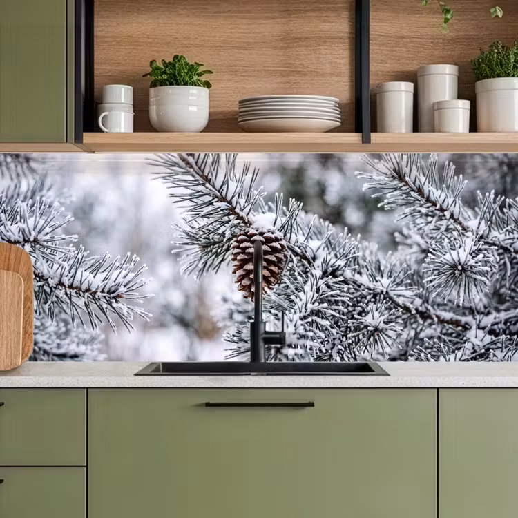 Dennenappel - Tak - Sneeuw - Winter - Sfeervol keuken achterwand 2 middel -sfeer3