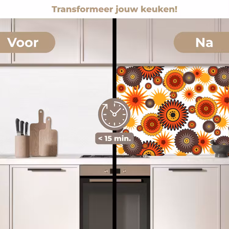 Design - Retro - Oranje - Bloemen keuken achterwand 2 middel 871 -voor-na2_NL