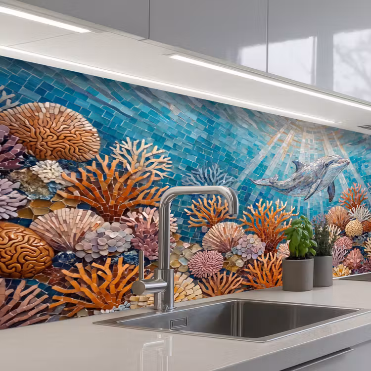 Dieren - Mozaïek - Oceaan - Koraal - Blauw keuken achterwand 2 middel -3d_schuin