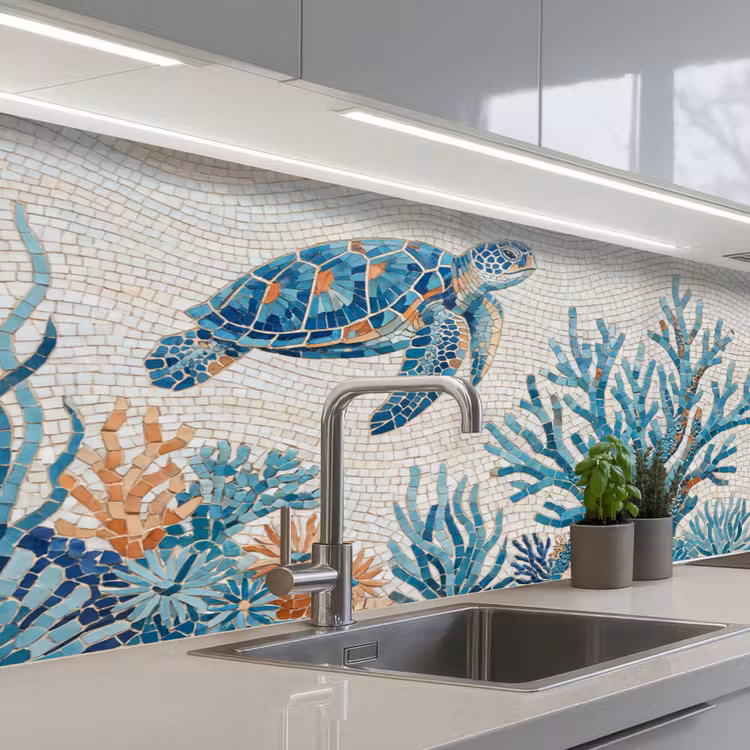 Dieren - Onderwater - Natuur - Mozaïek - Blauw keuken achterwand 2 middel -3d_schuin