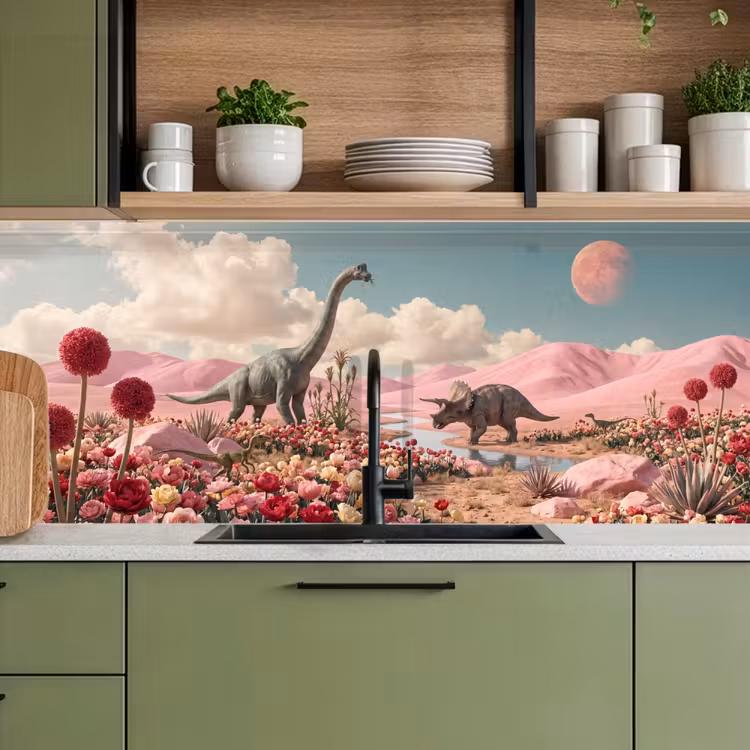 Keuken achterwand - Dinosaurus - Roze - Landschap - Dinosaurus - Roze - Landschap keuken achterwand 2 middel