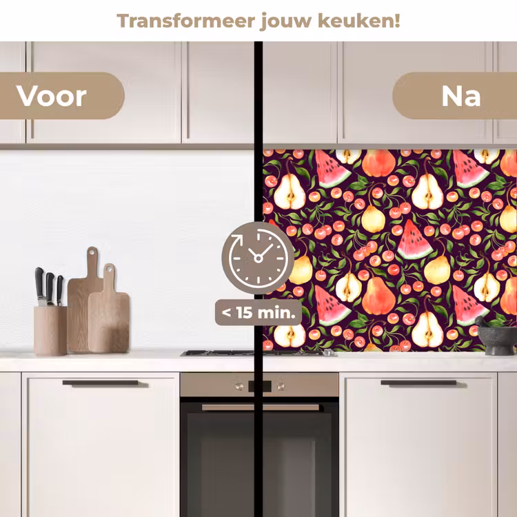 Donker - Bladeren - Fruit - Patroon keuken achterwand 2 middel 871 -voor-na2_NL