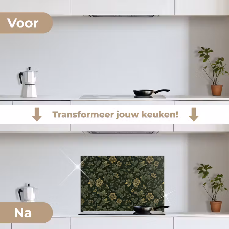 Donker - Groen - Goud - Botanisch keuken achterwand spatscherm klein 900 -voor_na_NL
