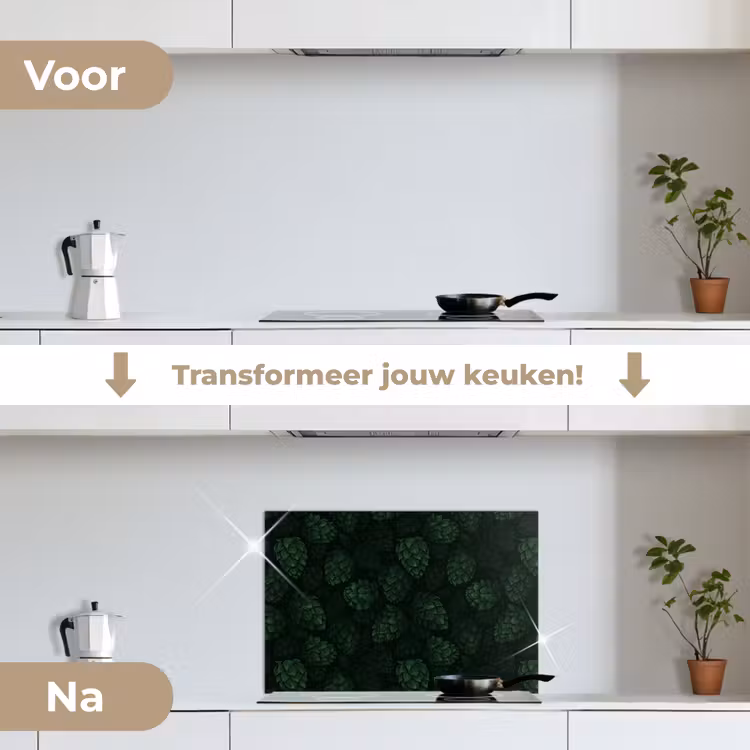 Donker - Groen - Hopbellen - Botanisch - Illustratie keuken achterwand spatscherm klein 900 -voor_na_NL