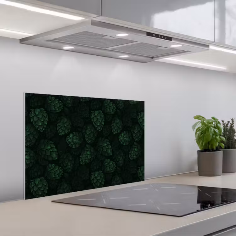 Donker - Groen - Hopbellen - Botanisch - Illustratie keuken achterwand spatscherm klein 900 -3d_schuin