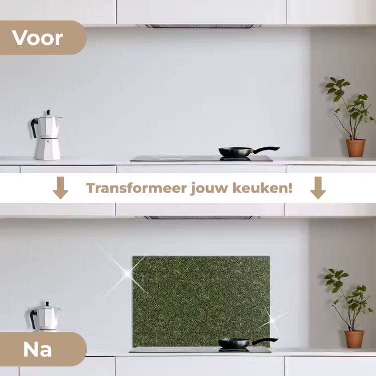Donker - Groen - Krullend - Botanisch keuken achterwand spatscherm klein 900 -voor_na_NL