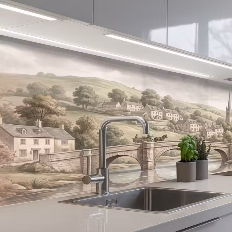 Dorp - Brug - Uitzicht - Groen keuken achterwand 2 middel -3d_schuin