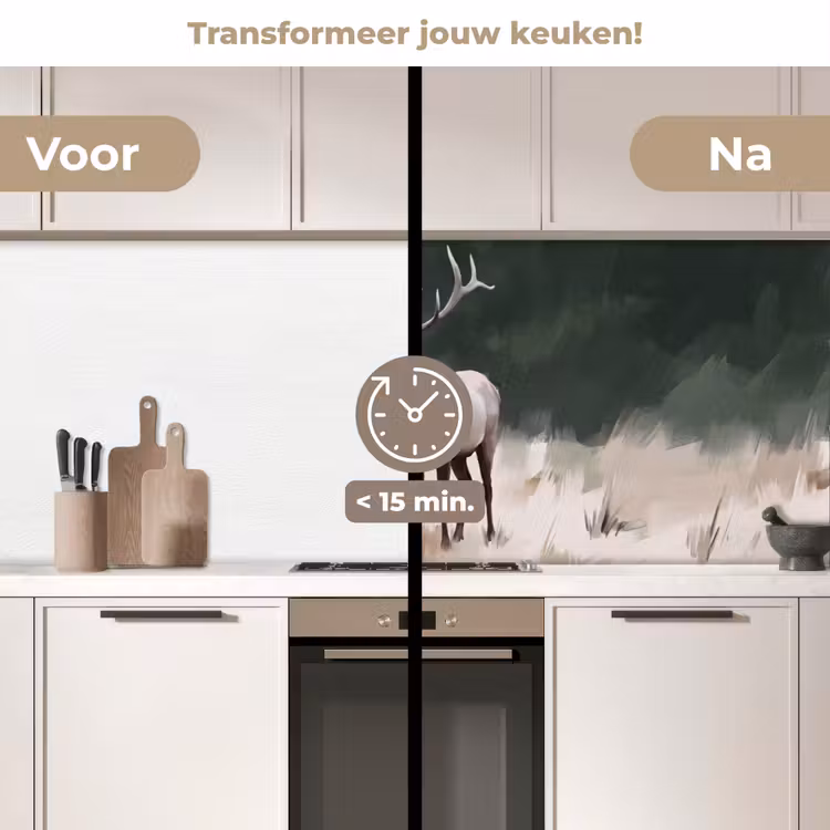 Edelhert - Gewei - Schildering - Rustiek keuken achterwand 2 middel -voor-na2_NL