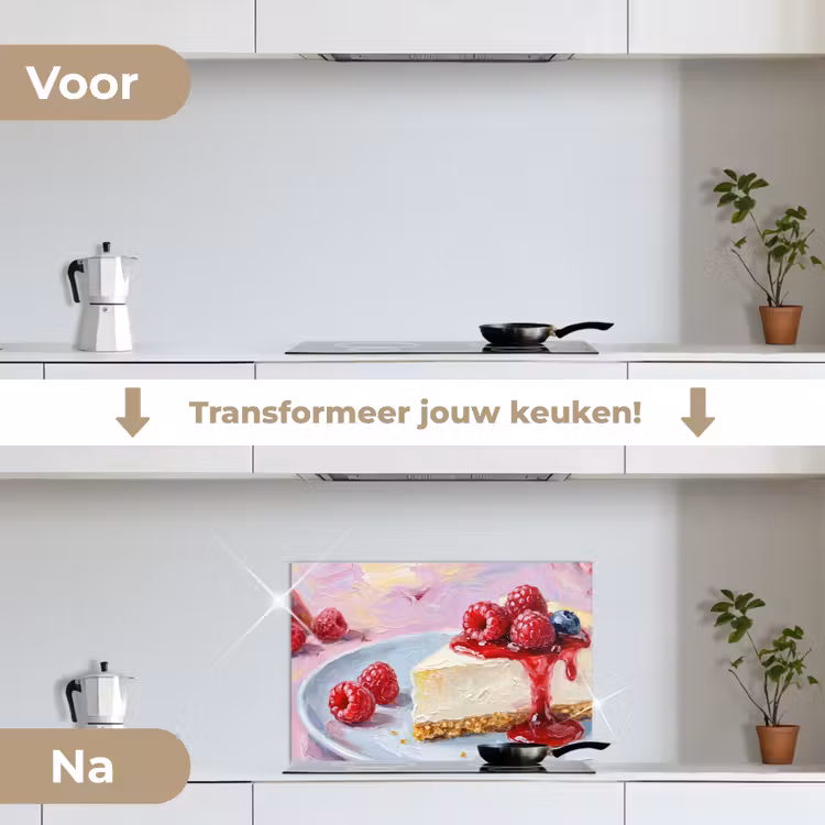 Eten - Cheesecake - Bessen - Abstract - Roze keuken achterwand spatscherm klein -voor_na_NL