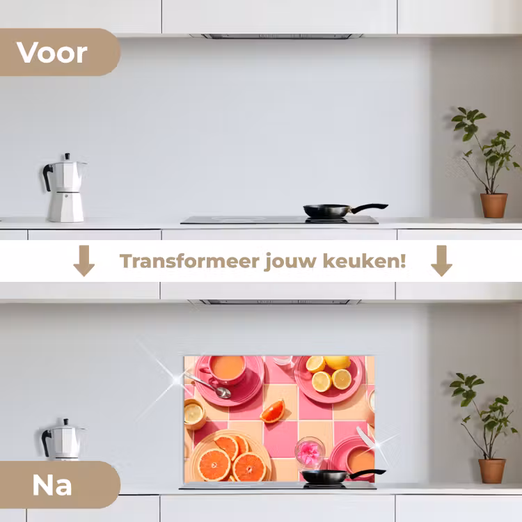 Eten - Citrusvruchten - Stillevens - Roze - Oranje keuken achterwand spatscherm klein -voor_na_NL