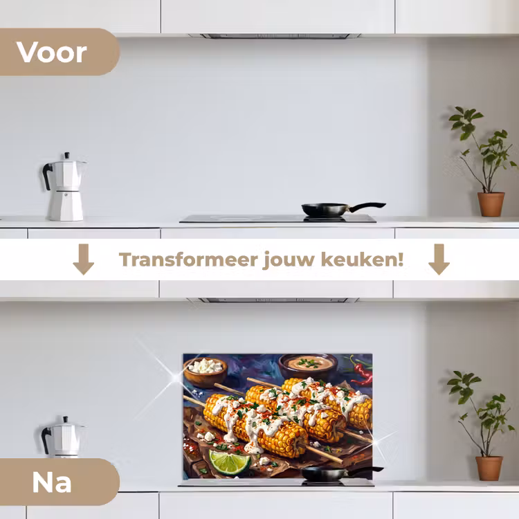 Eten - Maïs - Saus - Geschilderd - Geel keuken achterwand spatscherm klein -voor_na_NL