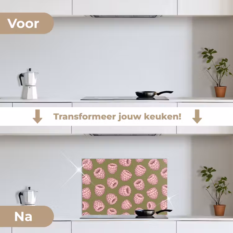 Eten - Patroon - Illustratie - Roze - Groen keuken achterwand spatscherm klein -voor_na_NL