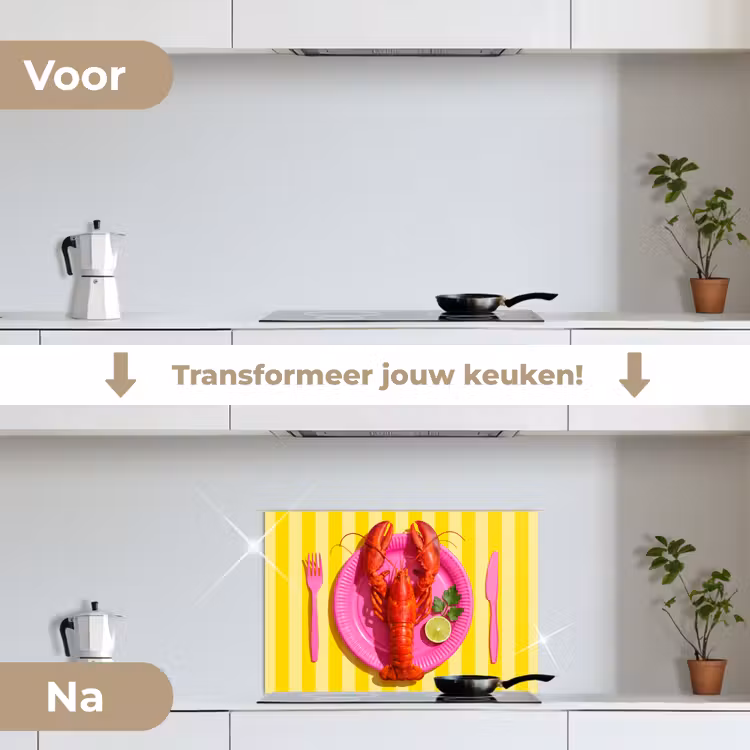 Eten - Roze - Geel - Modern - Culinaire keuken achterwand spatscherm klein -voor_na_NL