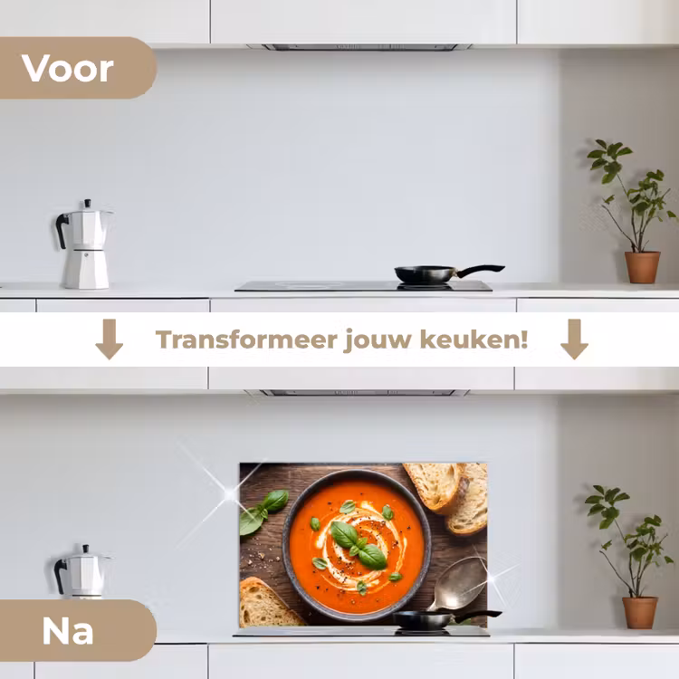 Eten - Soep - Basilicum - Rustiek - Rood keuken achterwand spatscherm klein -voor_na_NL