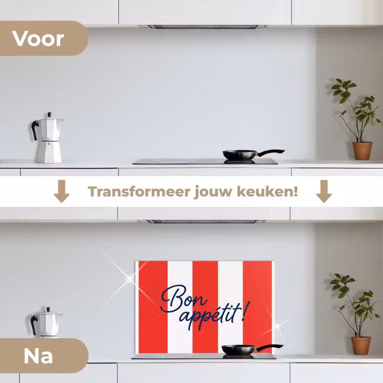 Eten - Spreuk - Keuken - Grafisch - Rood-Wit keuken achterwand spatscherm klein -voor_na_NL