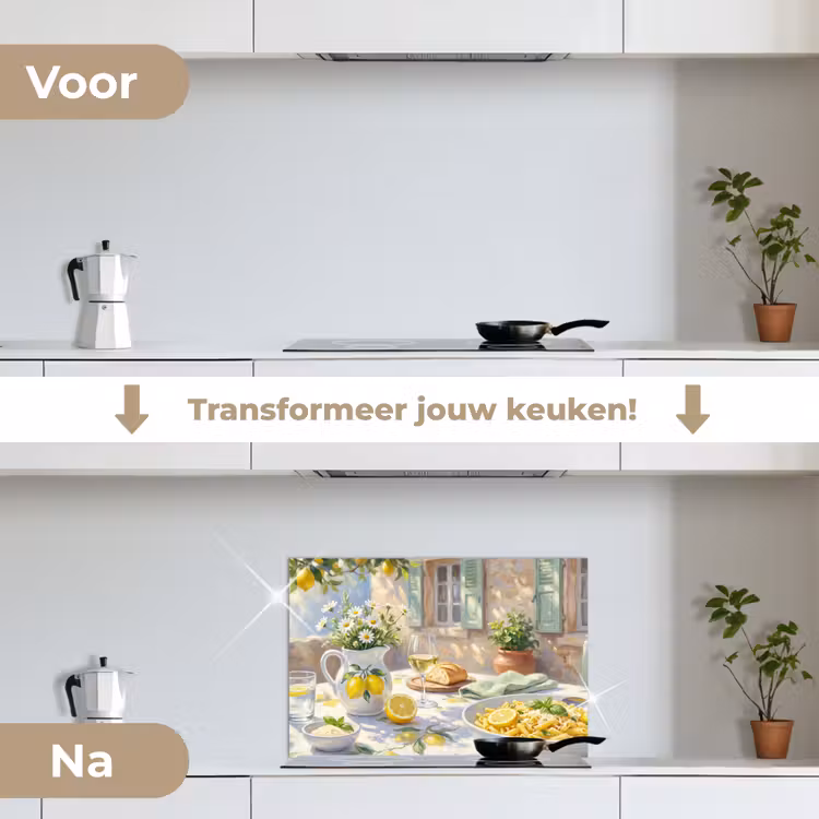 Eten - Terras - Zomer - Geschilderd - Geel keuken achterwand spatscherm klein -voor_na_NL