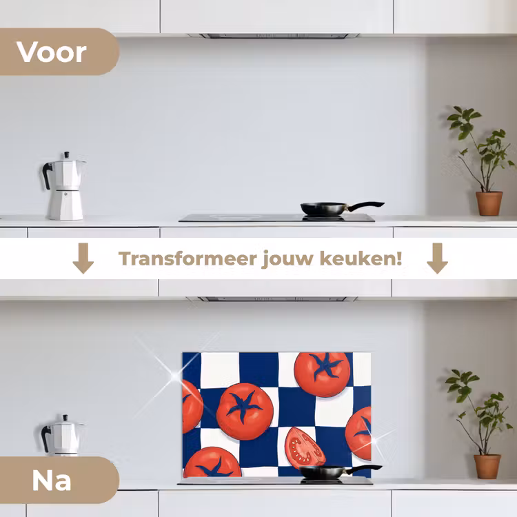 Eten - Tomaten - Keuken - Illustratie - Rood-Blauw keuken achterwand spatscherm klein -voor_na_NL