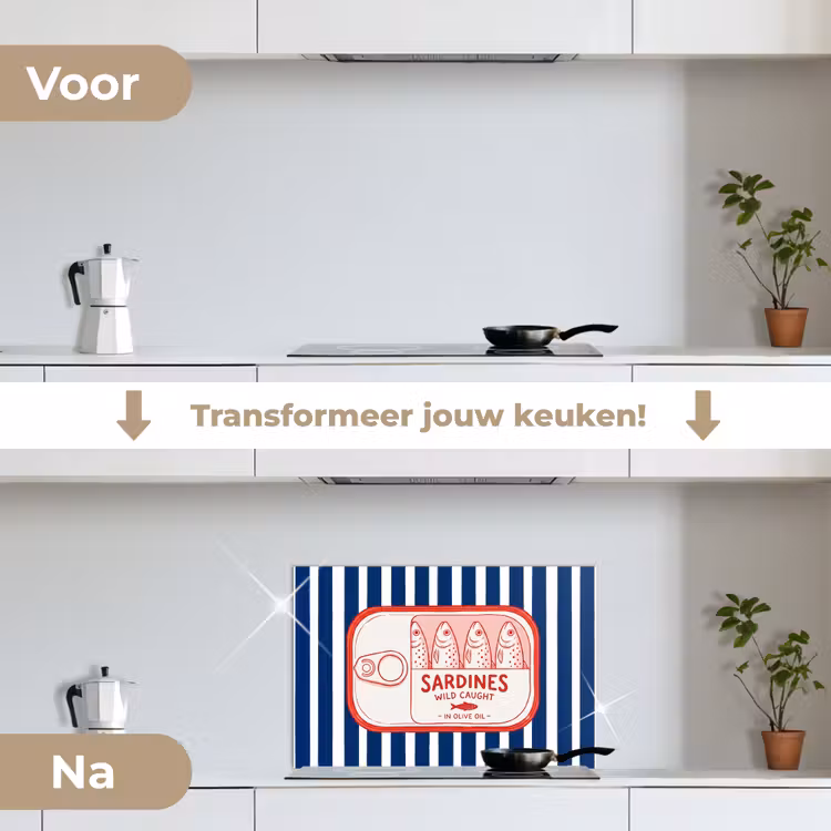Eten - Vis - Blik - Illustratie - Rood keuken achterwand spatscherm klein -voor_na_NL