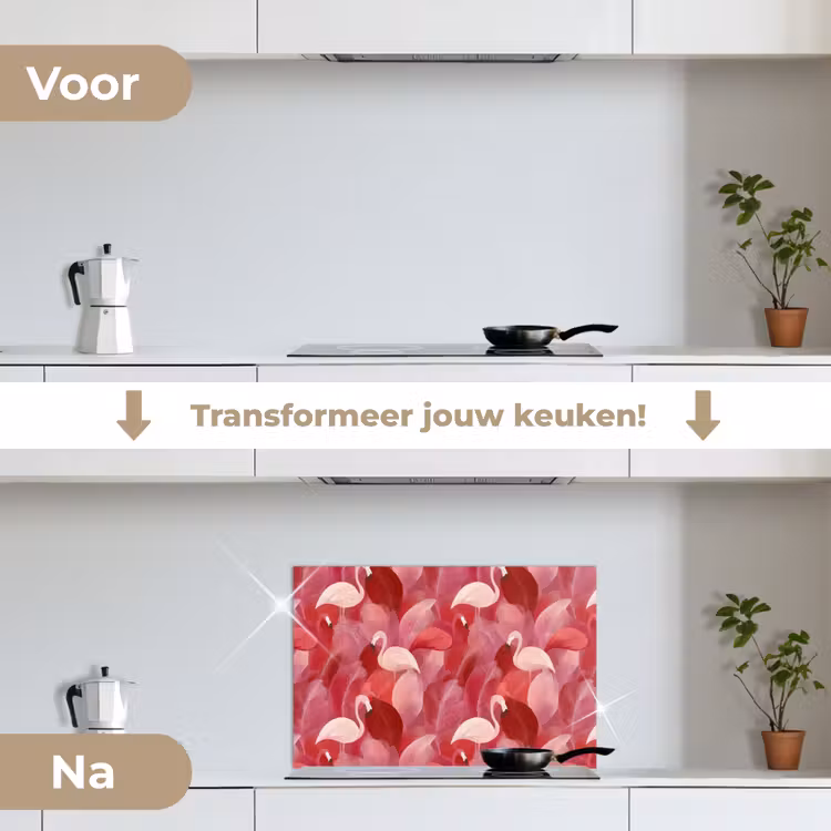 Flamingo - Botanisch - Elegant - Roze - Rood keuken achterwand spatscherm klein 900 -voor_na_NL