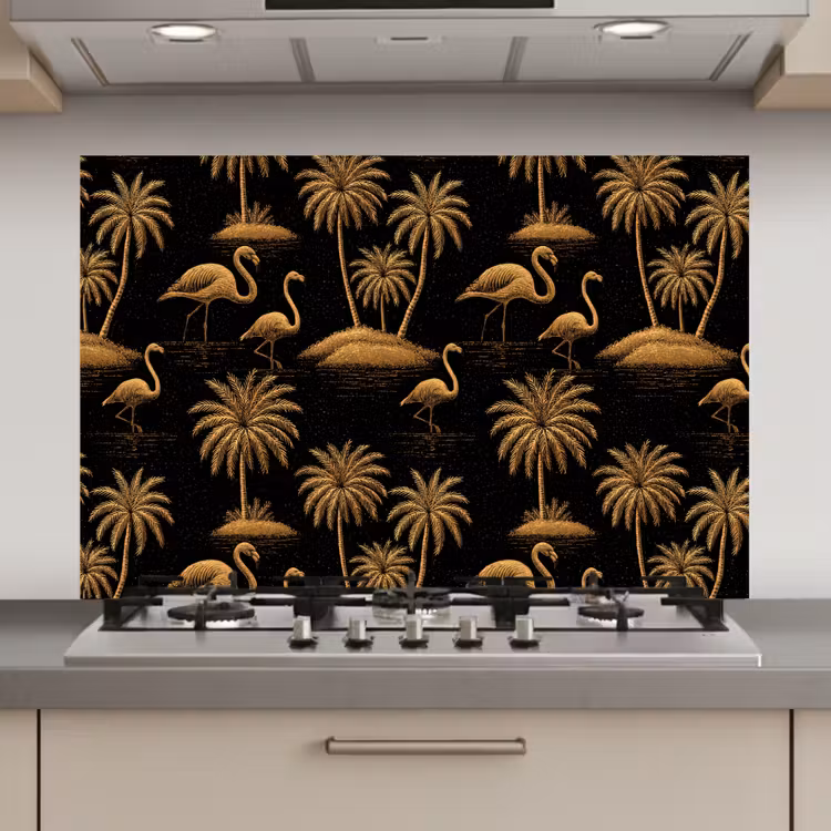 Flamingo - Palmbomen - Tropisch - Goud - Zwart keuken achterwand spatscherm klein 900 -3d_website