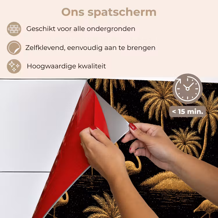 Flamingo - Palmbomen - Tropisch - Goud - Zwart keuken achterwand spatscherm klein 900 -spatscherm_NL