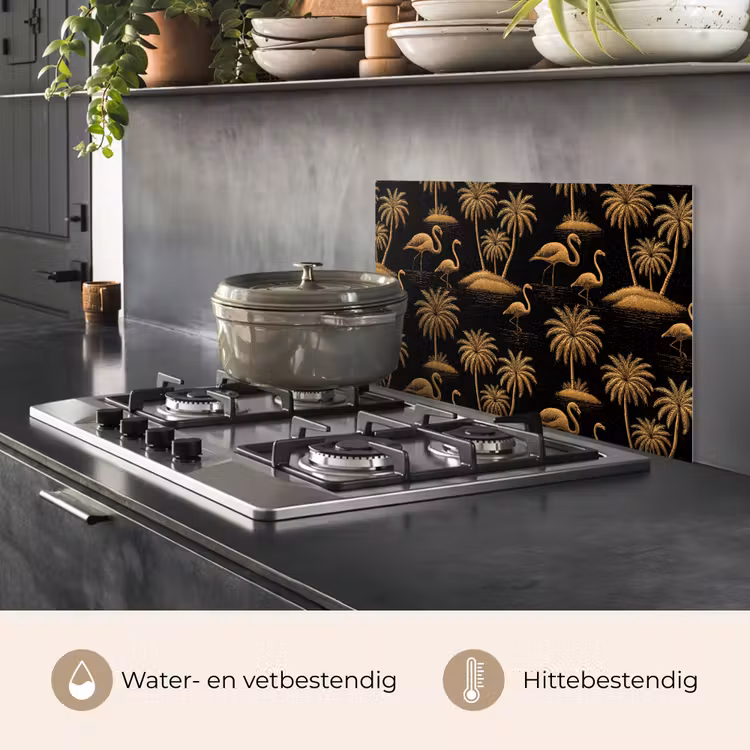 Flamingo - Palmbomen - Tropisch - Goud - Zwart keuken achterwand spatscherm klein 900 -usp_NL