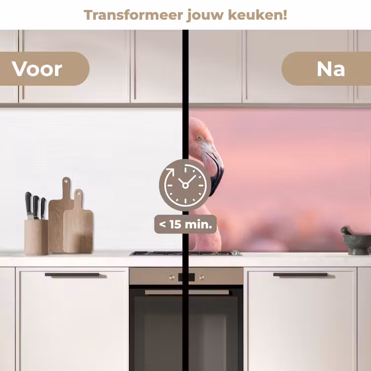 Flamingo - Portret - Roze keuken achterwand 2 middel -voor-na2_NL