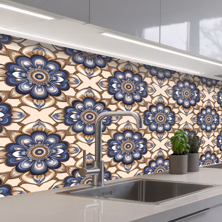 Floraal - Ornament - Blauw keuken achterwand 2 middel 871 -3d_schuin