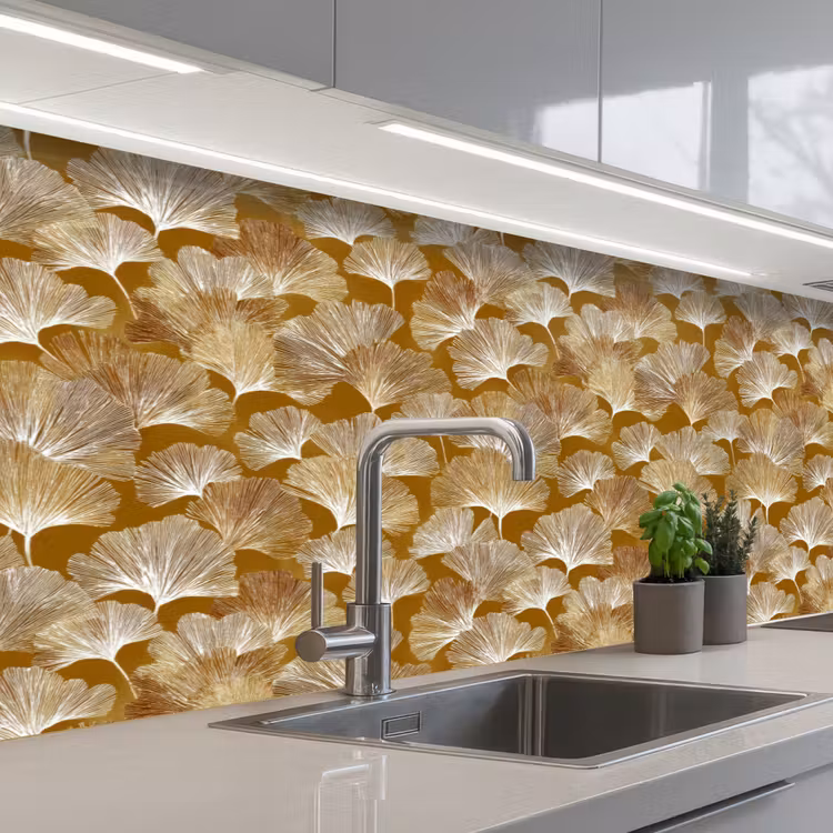 Ginkgo - Bladeren - Goud keuken achterwand 2 middel 871 -3d_schuin