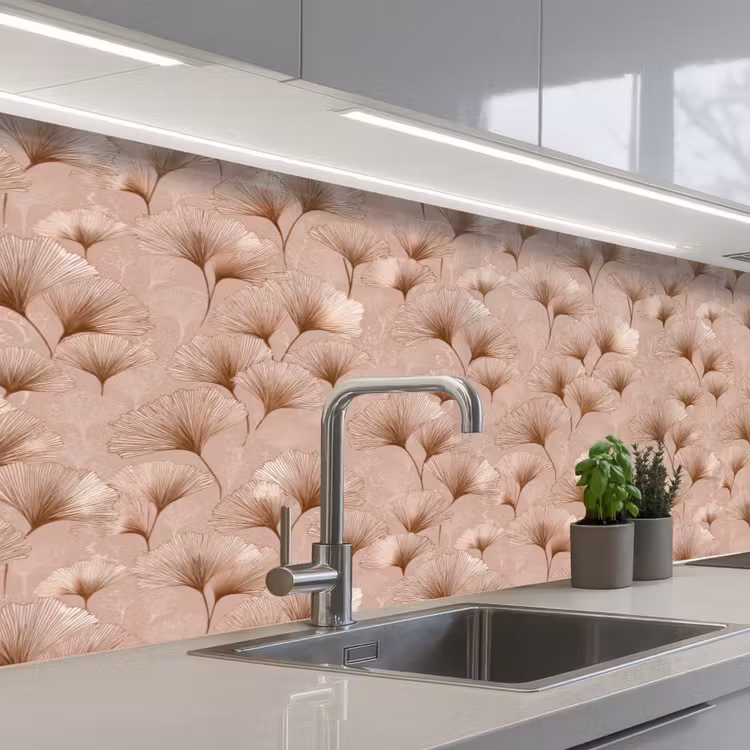Ginkgo - Patroon - Roze keuken achterwand 2 middel 871 -3d_schuin