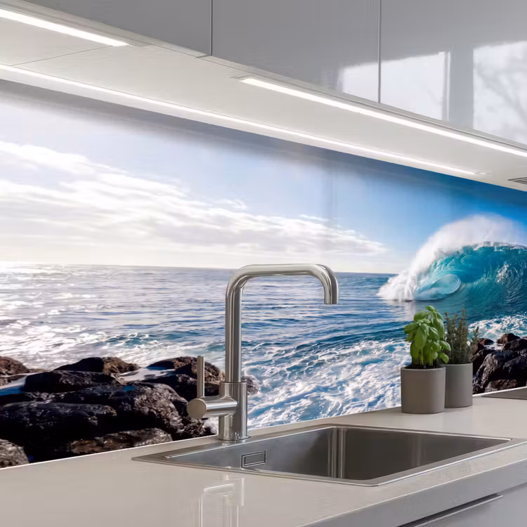 Golf - Oceaan - Brekend - Water - Blauw keuken achterwand 2 middel -3d_schuin