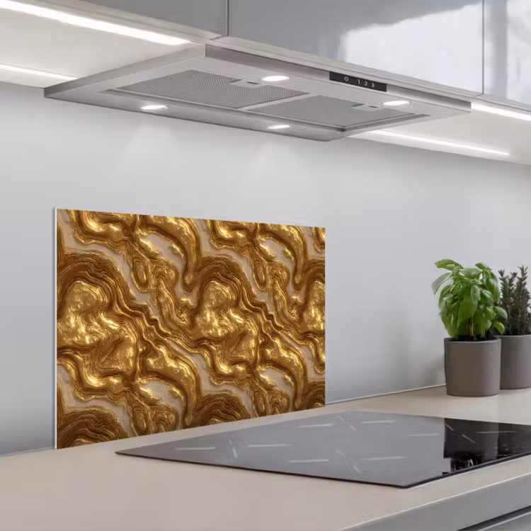 Golven - Organisch - Goud - Crème keuken achterwand spatscherm klein 900 -3d_schuin