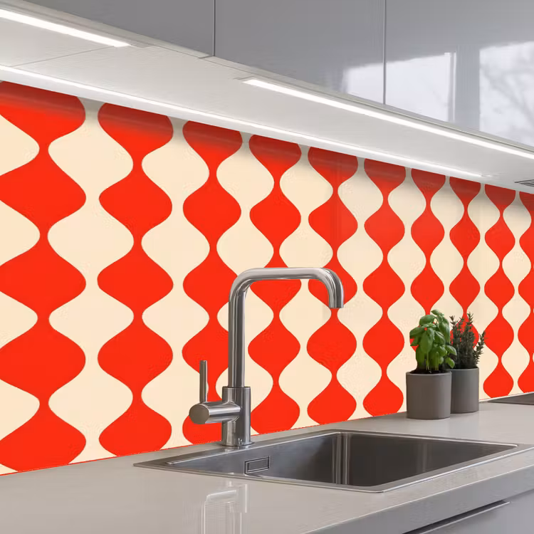 Golvend patroon - Retro - Rood - Beige keuken achterwand 2 middel 871 -3d_schuin