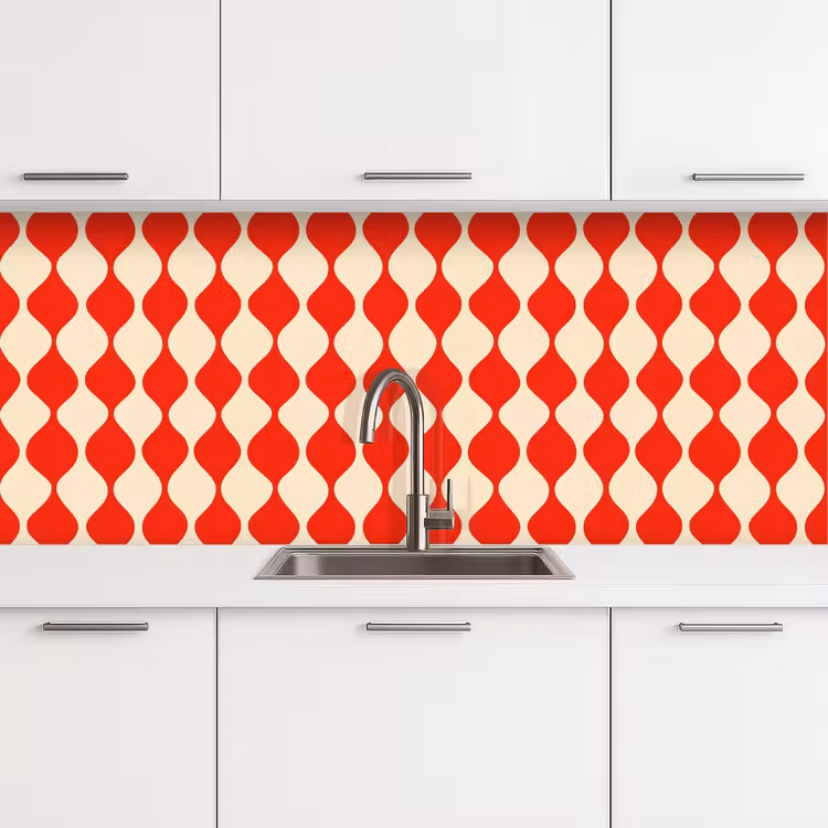 Golvend patroon - Retro - Rood - Beige keuken achterwand 2 middel 871 -3d