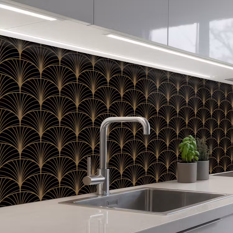 Gouden - Waaiers - Zwart keuken achterwand 2 middel 871 -3d_schuin