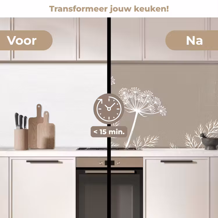 Grafisch - Fluitenkruid - Taupe keuken achterwand 2 middel -voor-na2_NL