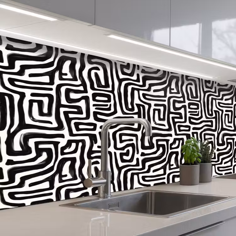 Grafisch - Lijnen - Zwart - Wit keuken achterwand 2 middel 871 -3d_schuin