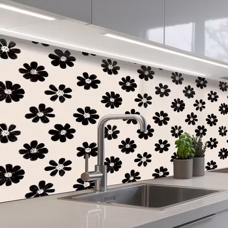 Grafisch - Madeliefjes - Zwart - Beige keuken achterwand 2 middel 871 -3d_schuin