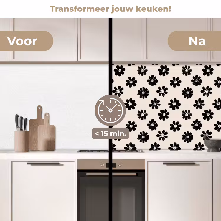 Grafisch - Madeliefjes - Zwart - Beige keuken achterwand 2 middel 871 -voor-na2_NL