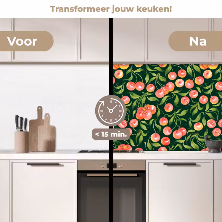 Groen - Rood - Kersen - Bladeren keuken achterwand 2 middel 871 -voor-na2_NL