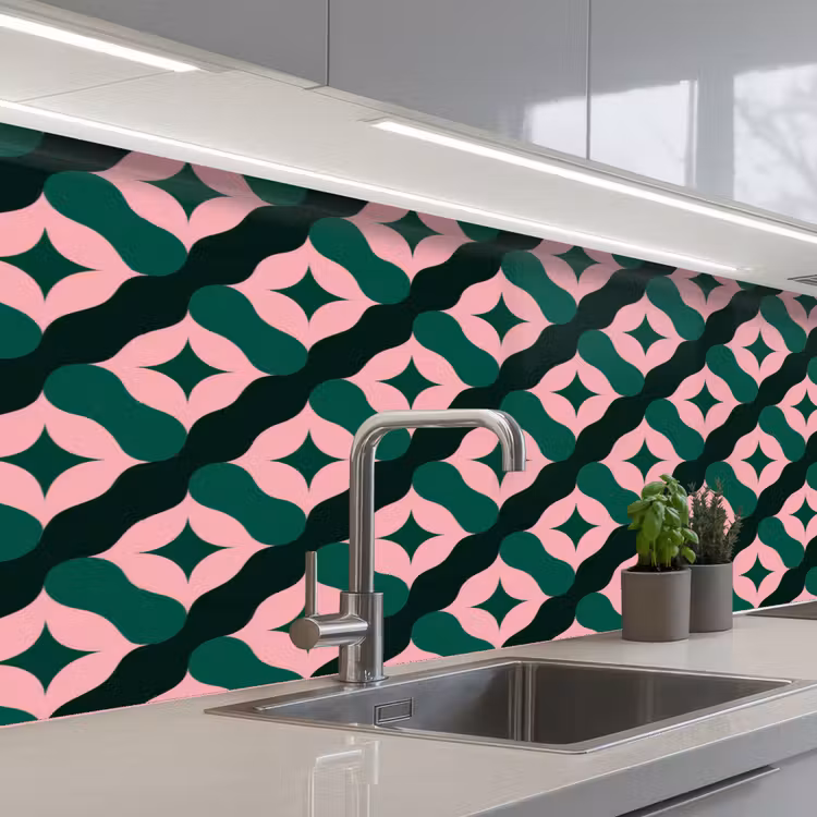 Groen - Roze - Retro - Sterren keuken achterwand 2 middel 871 -3d_schuin