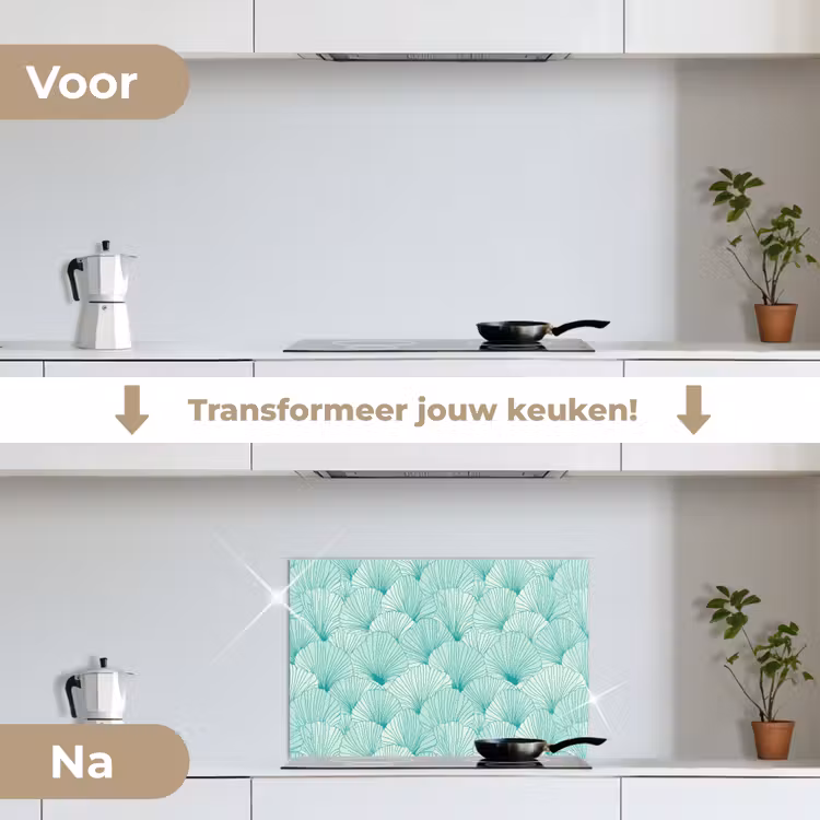 Groen - Wit - Ginko - Getekend - Textuur keuken achterwand spatscherm klein 900 -voor_na_NL