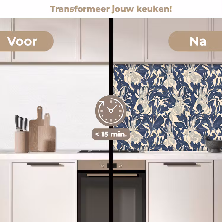 Hazen - Bladeren - Patroon - Blauw - Beige keuken achterwand 2 middel 871 -voor-na2_NL