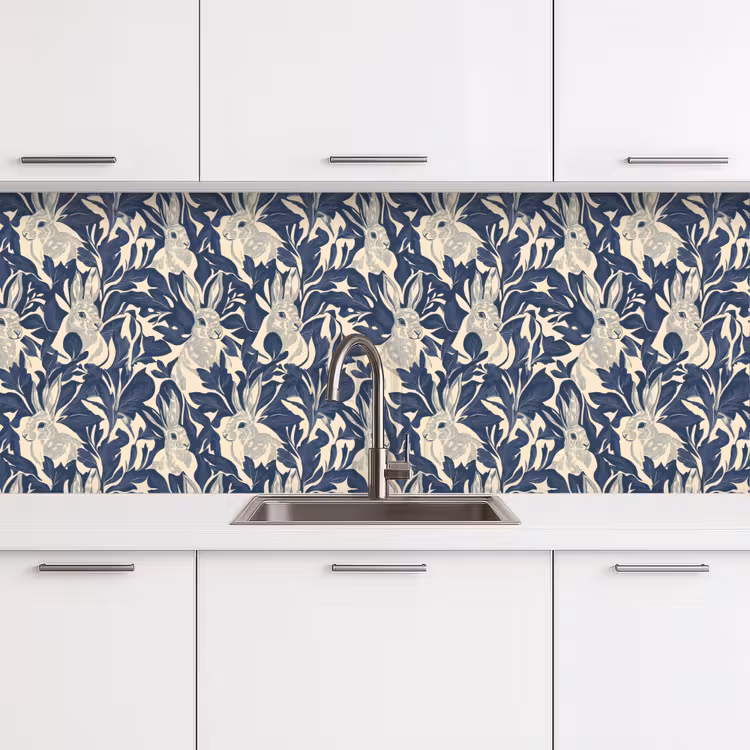 Hazen - Bladeren - Patroon - Blauw - Beige keuken achterwand 2 middel 871 -3d