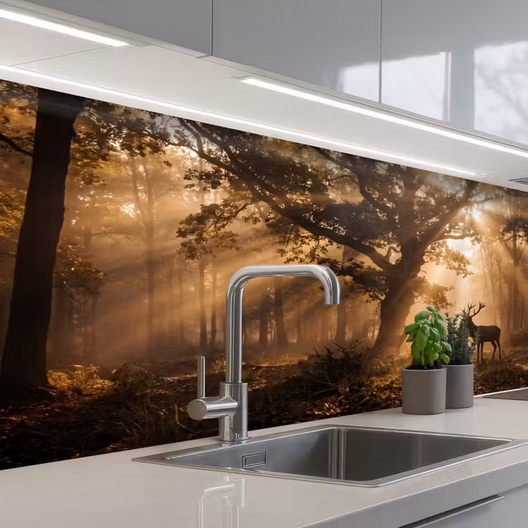 Hert - Bos - Mistig - Natuur - Goud keuken achterwand 2 middel -3d_schuin