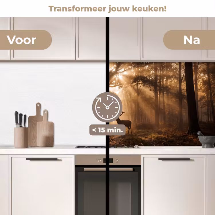 Hert - Bos - Mistig - Natuur - Goud keuken achterwand 2 middel -voor-na2_NL