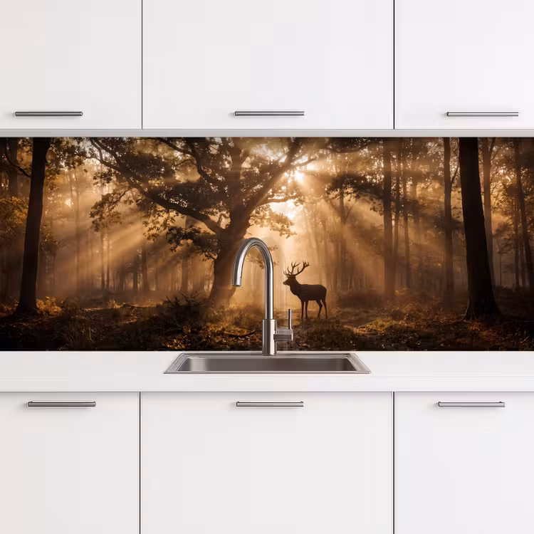 Hert - Bos - Mistig - Natuur - Goud keuken achterwand 2 middel -3d