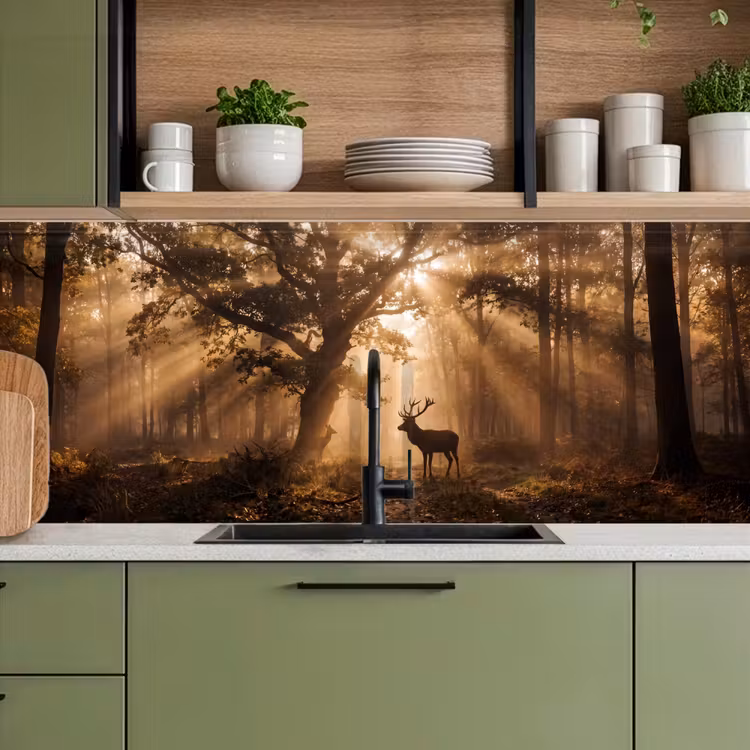 Hert - Bos - Mistig - Natuur - Goud keuken achterwand 2 middel -sfeer3