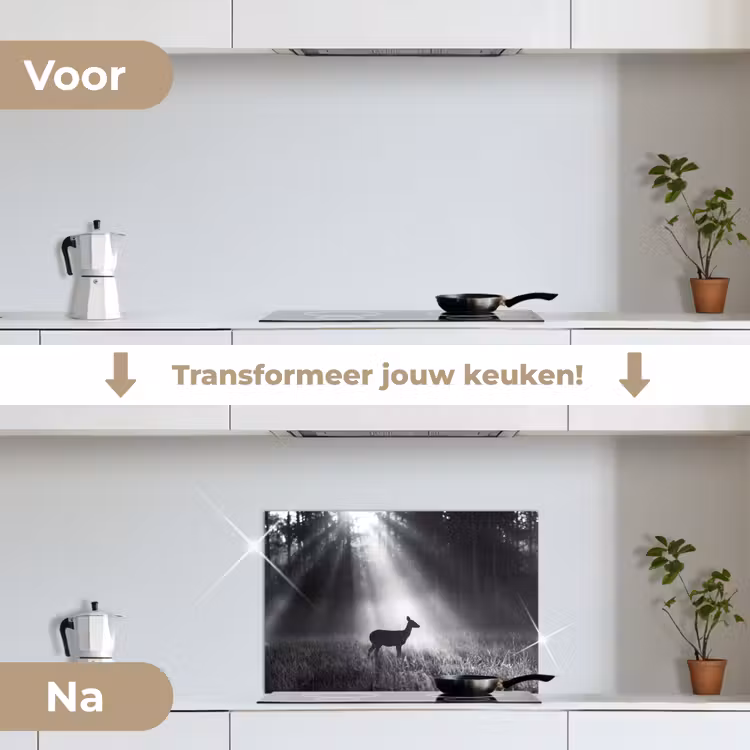 Hert - Bos - Zonnestralen - Zwart-wit - Natuur keuken achterwand spatscherm klein -voor_na_NL