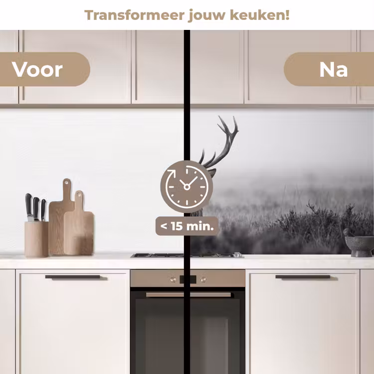 Hert - Mistig - Zwart - Wit keuken achterwand 2 middel -voor-na2_NL